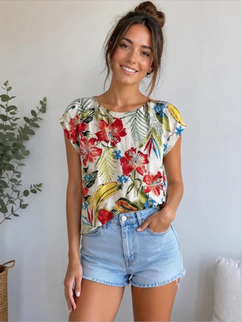 C&C California Tropical Floral Short-Sleeve Tee in Cream, Red, Yellow